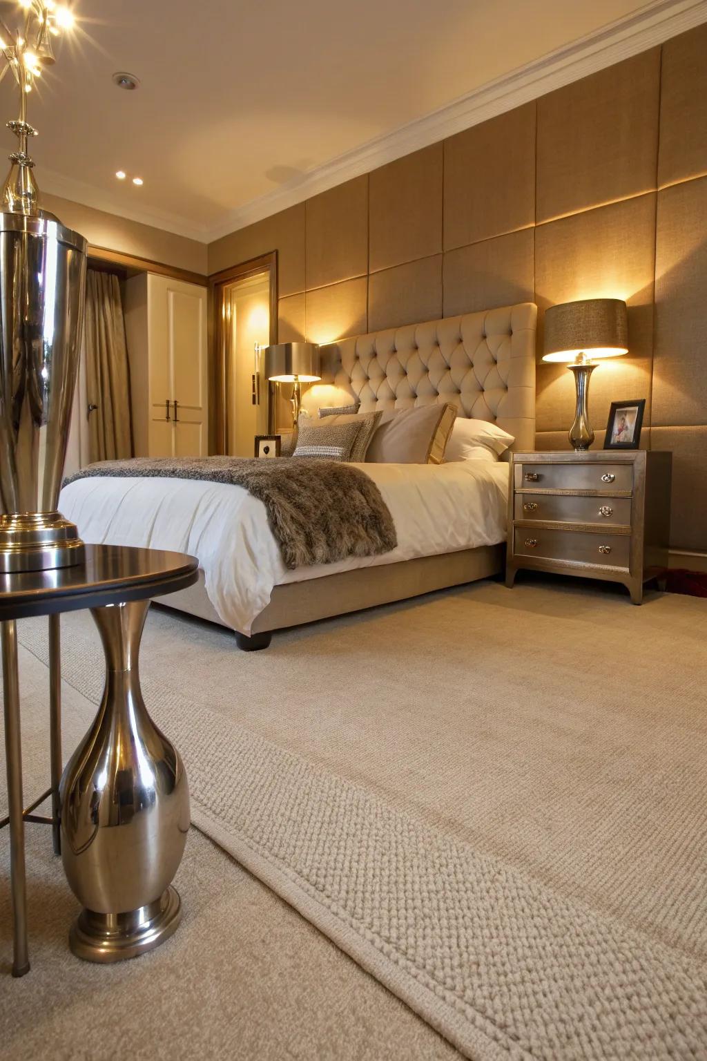 Shiny details inject a modern edge into a traditional bedroom that features a beige carpet.