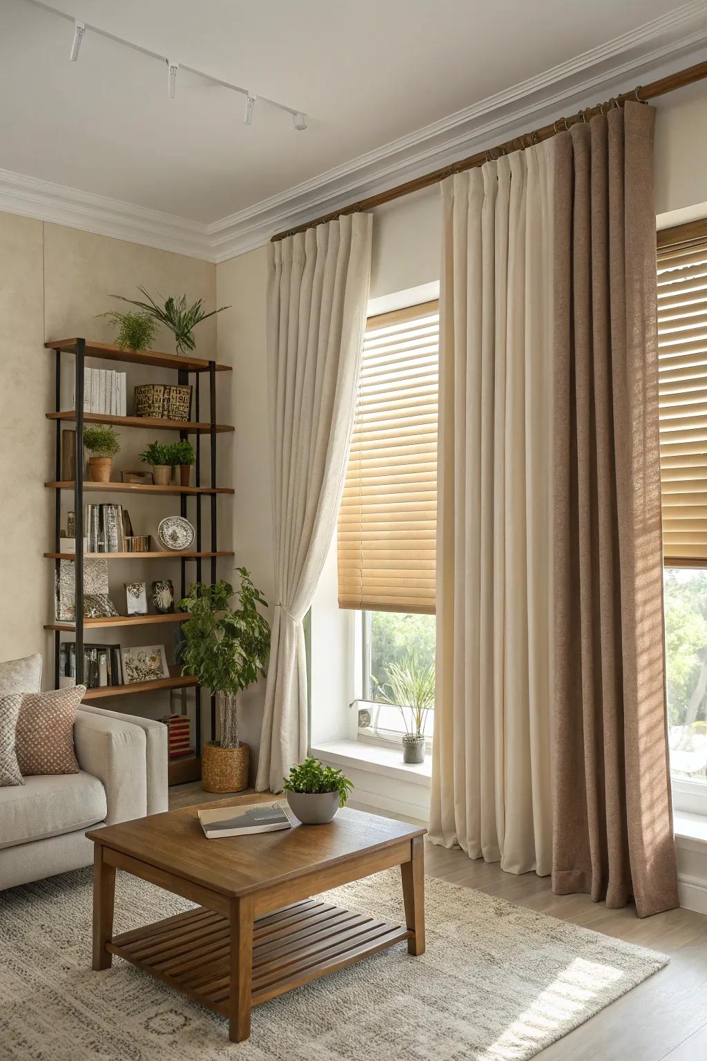 Layered window decor with blinds and curtains.