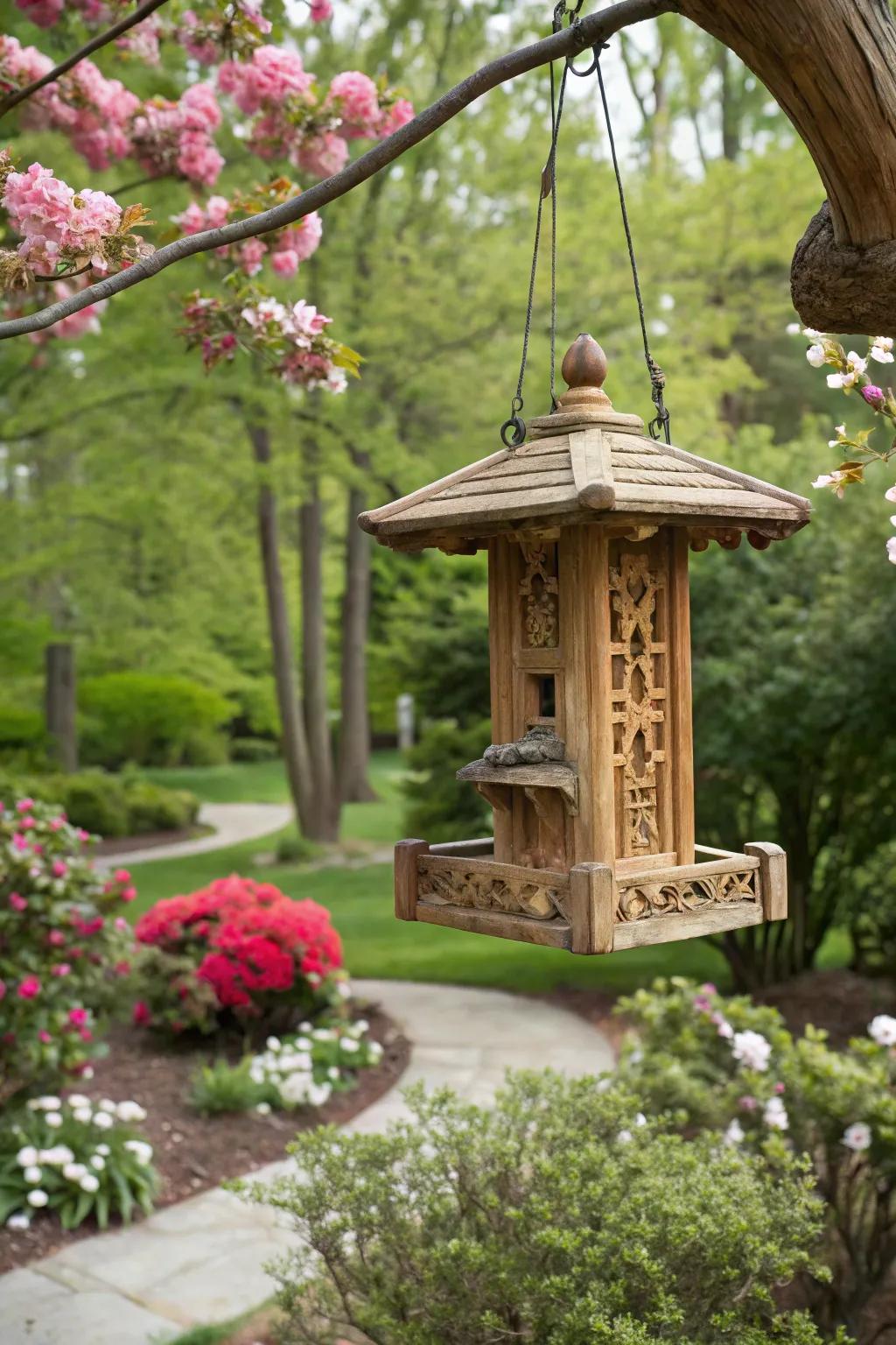 A hand-carved wooden feeder giving distinct artistry to the garden.