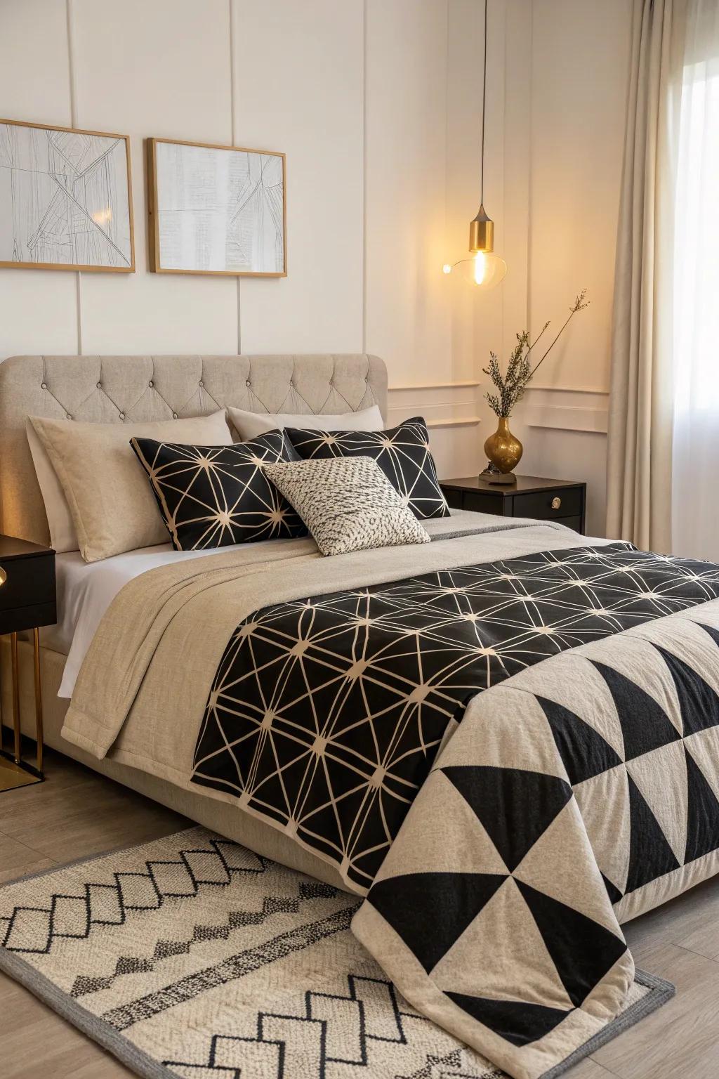 Geometric patterns contribute a modern style to the bedding.