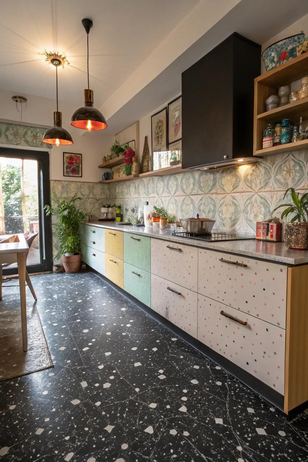 A kitchen with black stone floors that are stylish.