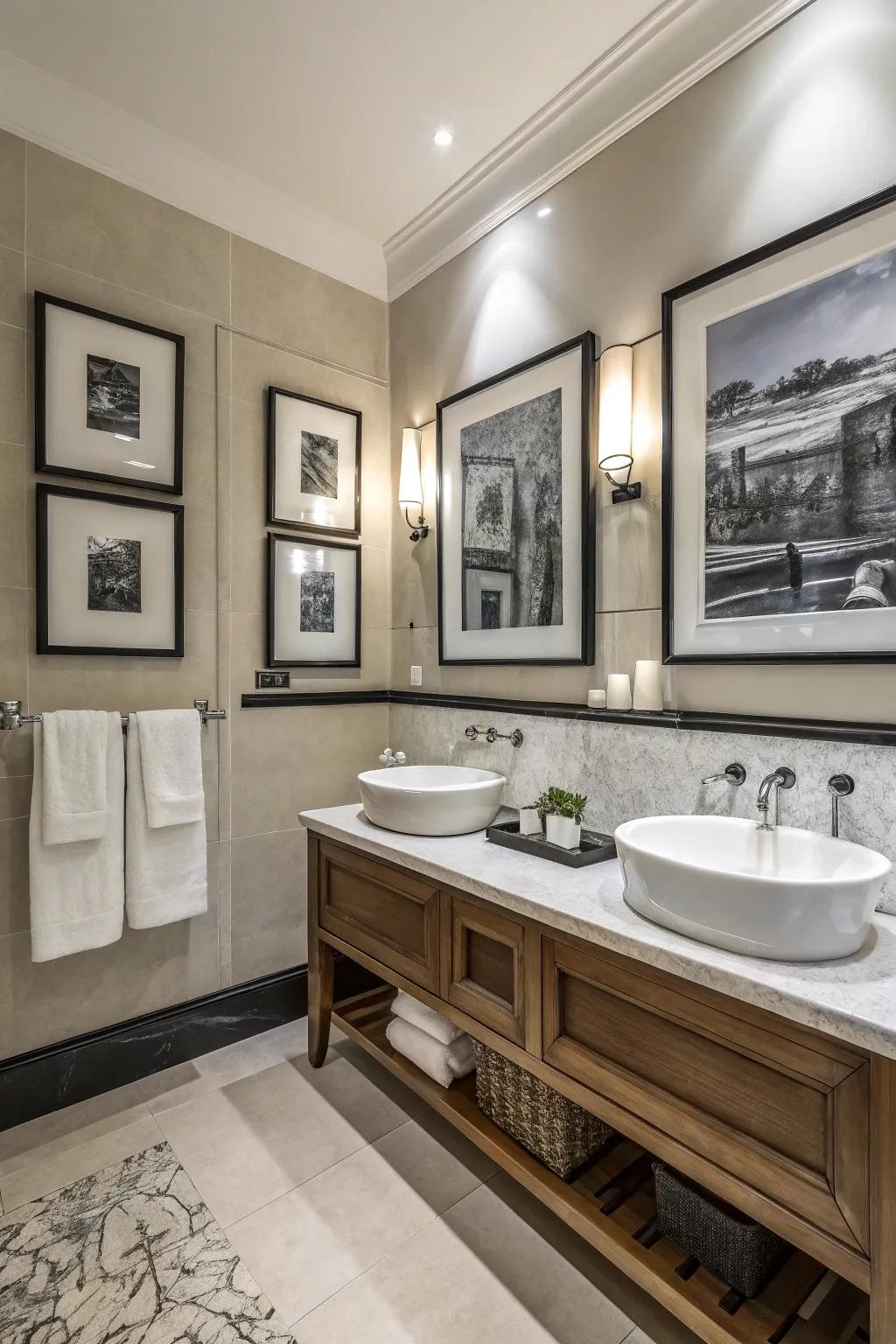 Dark and bright art adds personality and a focal point to this bathroom.