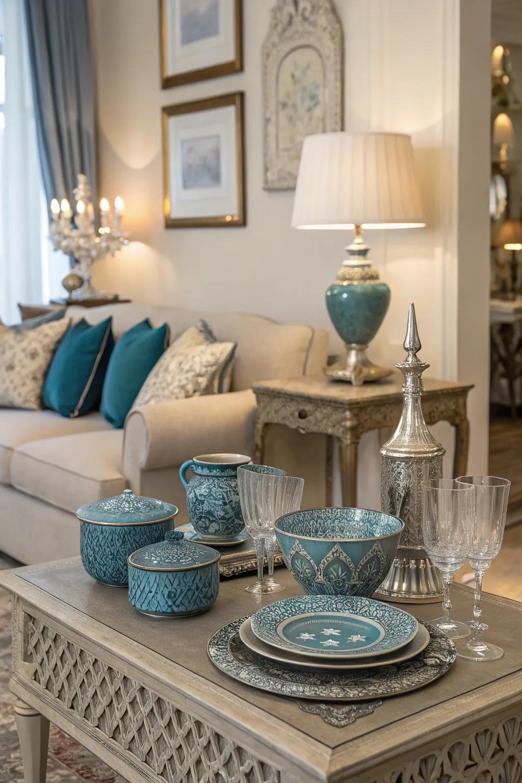 Indigo and silver tableware adds subtle elegance to this living room's decor.