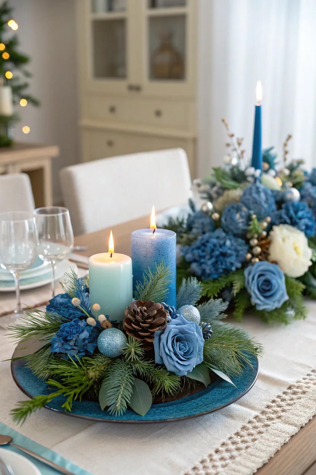 Eye-catching blue holiday centerpieces