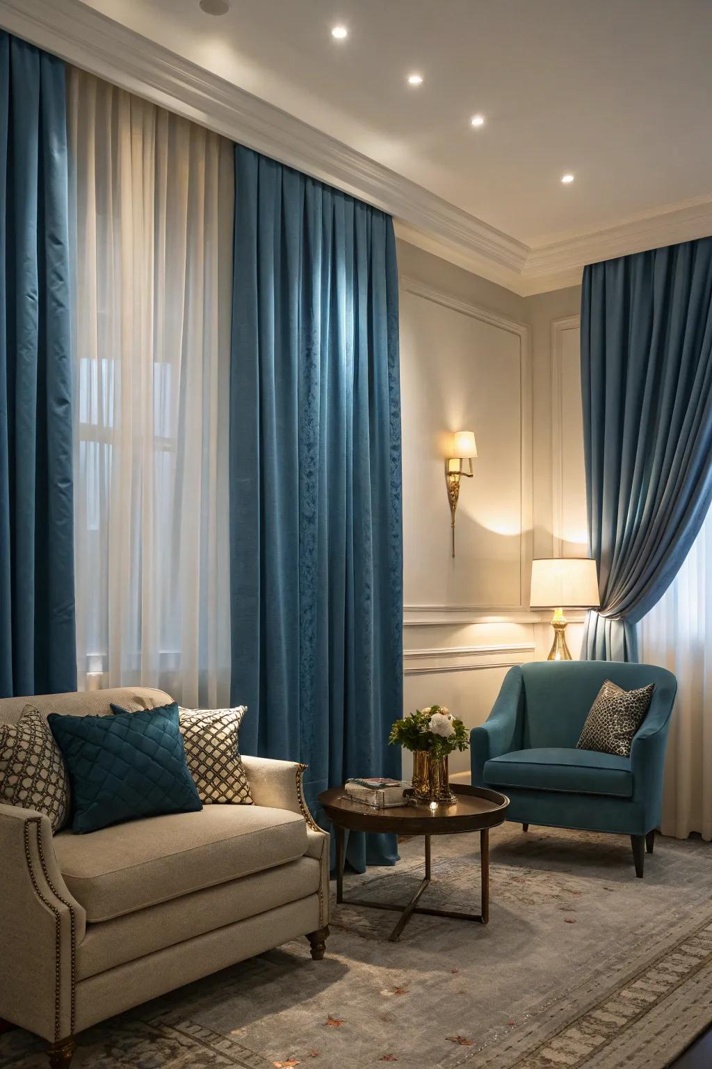 Blue window coverings add drama and sophistication to this tastefully decorated living room.