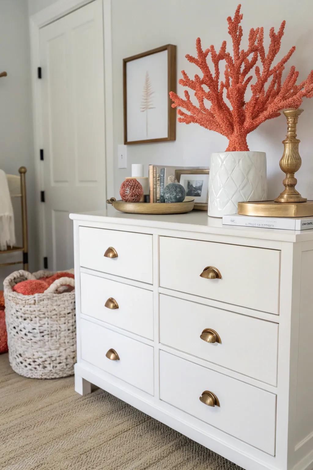 A sculptural coral piece adds a surprising and unique element to this boho dresser.