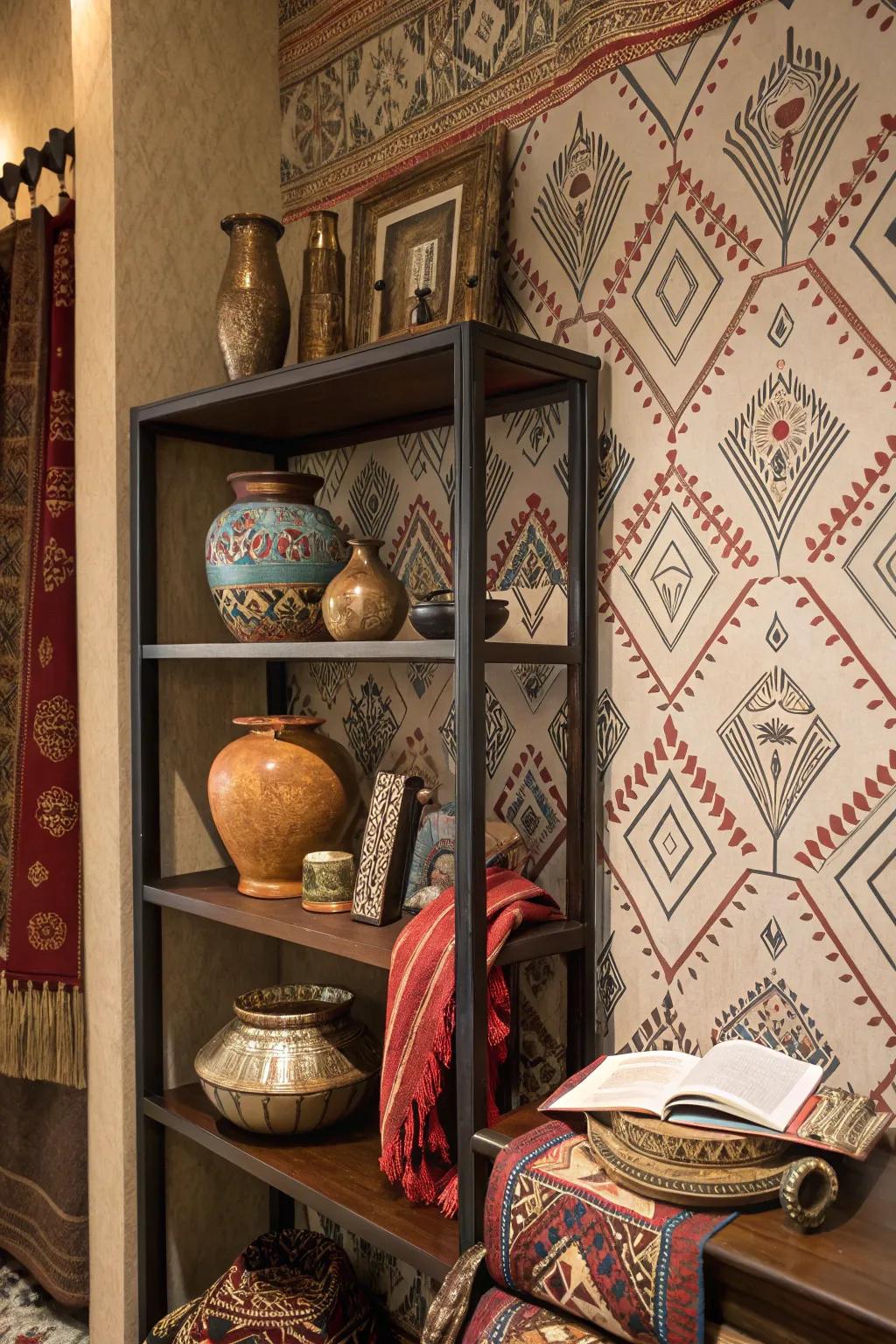 <strong>Bookshelf</strong> featuring ethnic pattern wallcovering for a rich, cultural flair.&rdquo; loading=&rdquo;lazy&rdquo; class=&rdquo;pimg&rdquo;>
	</picture><figcaption><strong>Bookshelf</strong> featuring ethnic pattern wallcovering for a rich, cultural flair.</figcaption></figure>
<p>Ethnic patterns can introduce a rich cultural flair to your <strong>bookshelves</strong>. I appreciate how these designs convey a narrative and introduce distinctive character to the space.</p>
<h3>Check these products out:</h3>
<ul class=