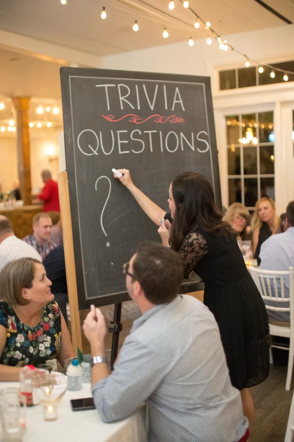 A chalkboard trivia game entertains and engages guests.