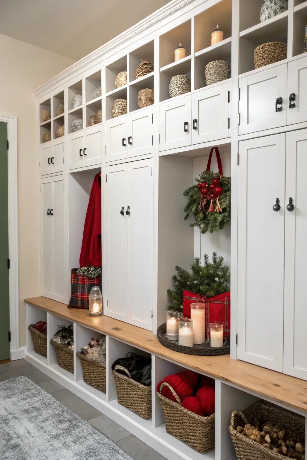 Seasonal decor neatly stored in custom storage units.