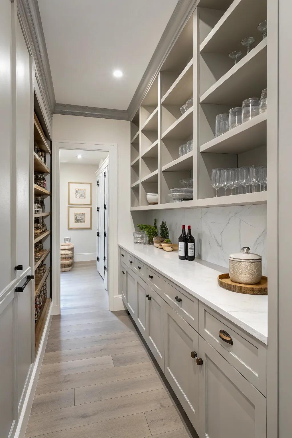 A minimalist butler's pantry featuring clean lines and a serene, neutral palette.