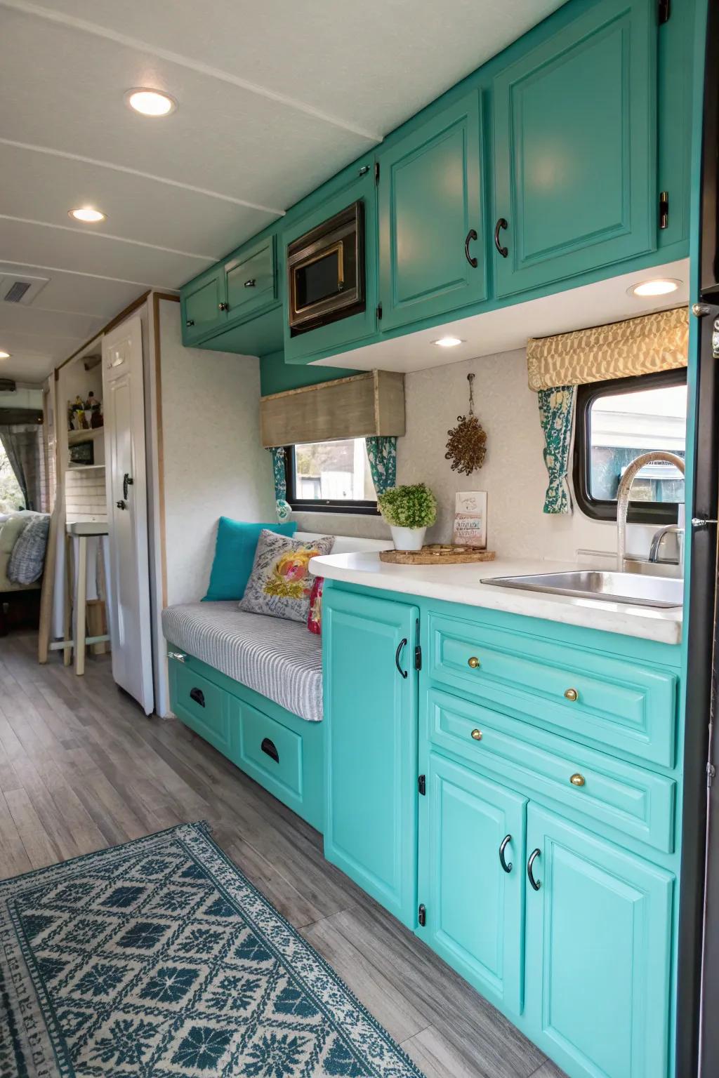 Cyan cabinets bring a retro vibe.