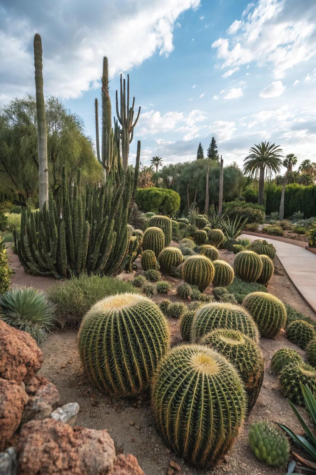 A dense patch of cacti serving as a unique garden focal point.