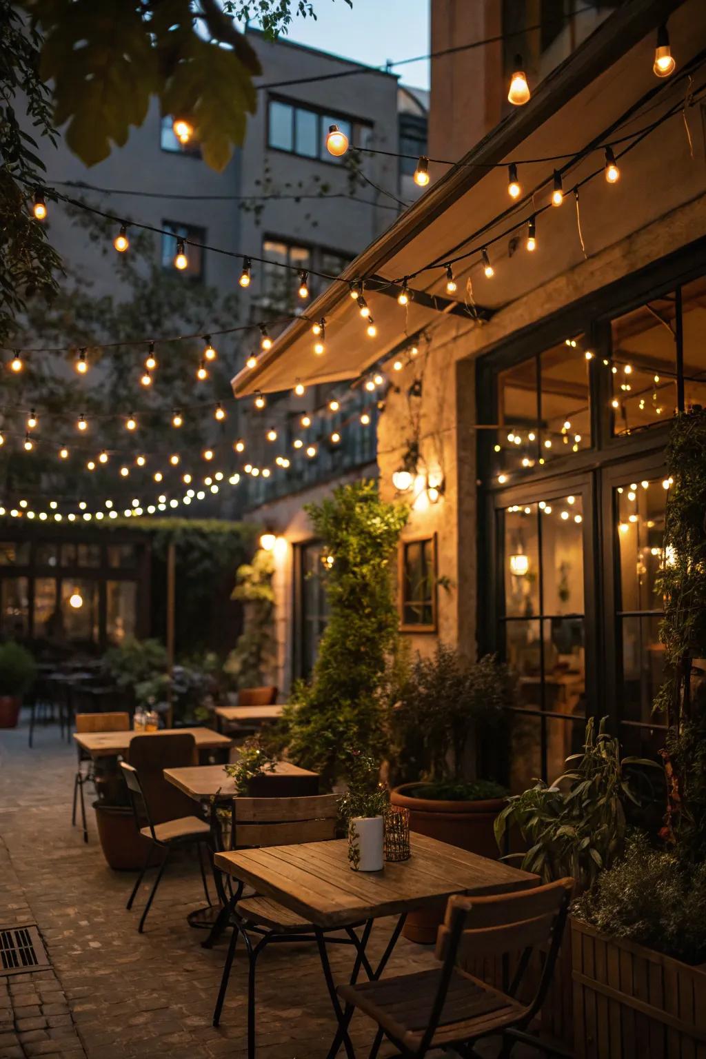 Adaptable fairy lights adding charm to both indoor and outdoor café areas.