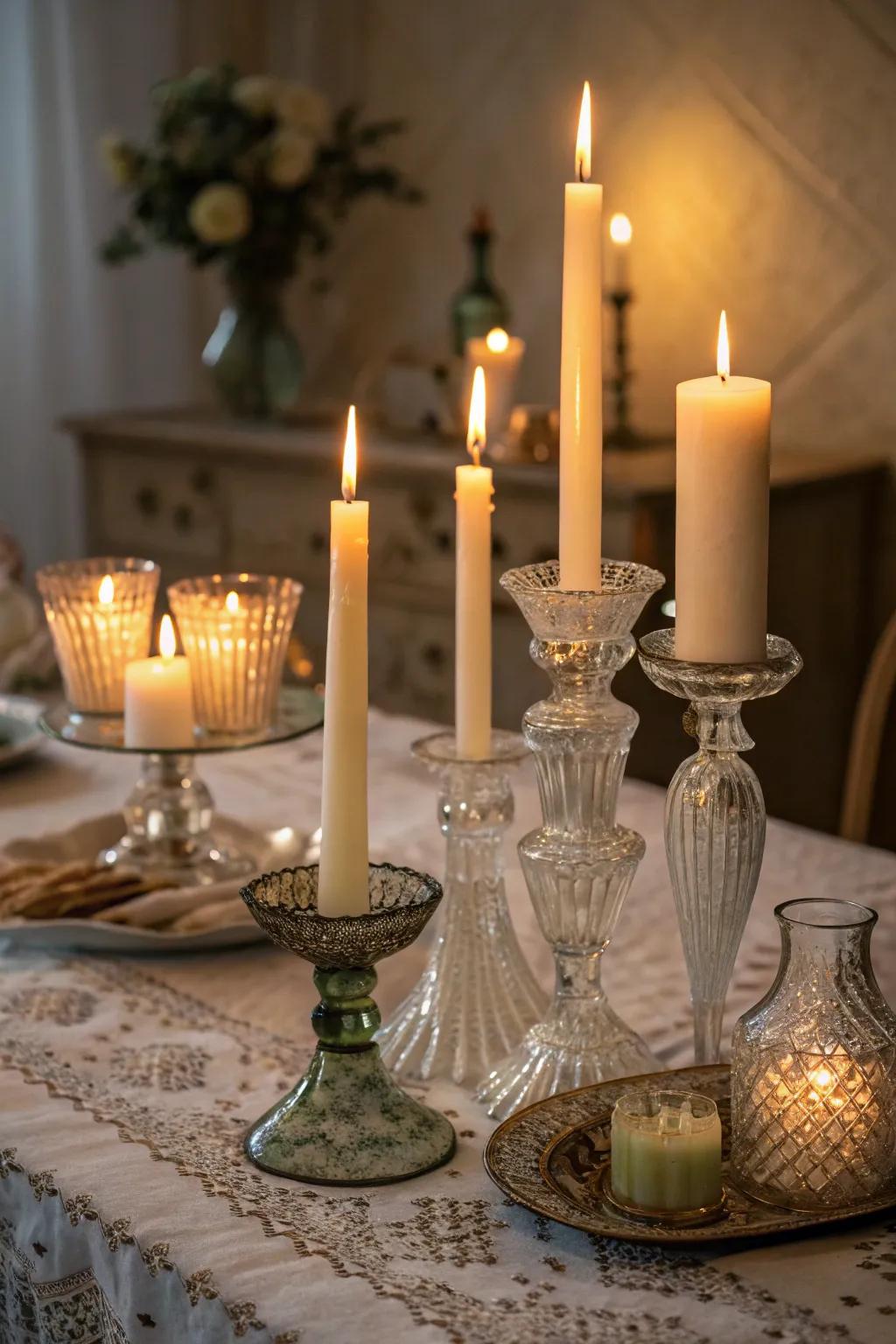 Charming wax light group in eclectic antique glassware.