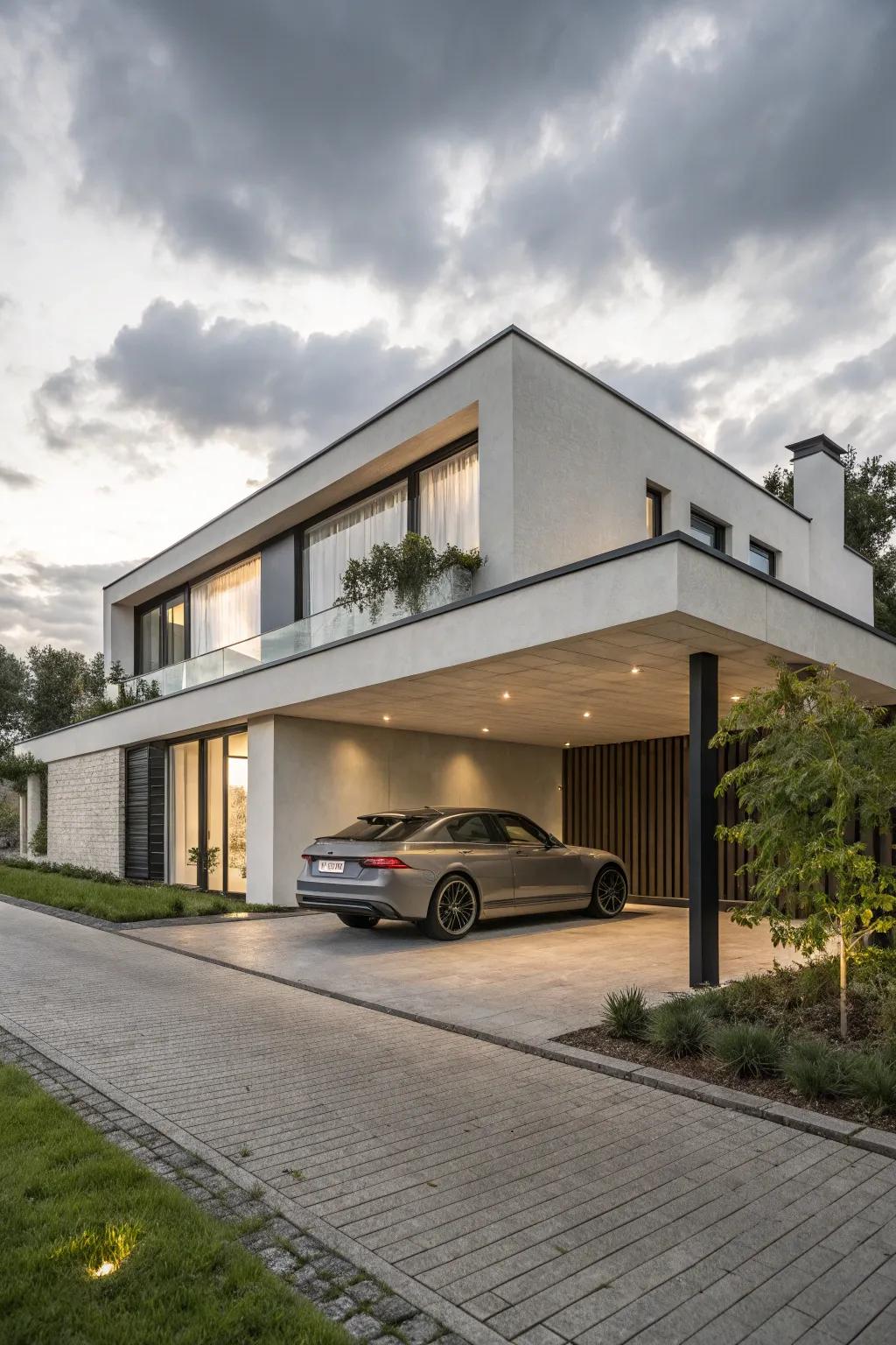 A hidden carport seamlessly blending into the home's facade.