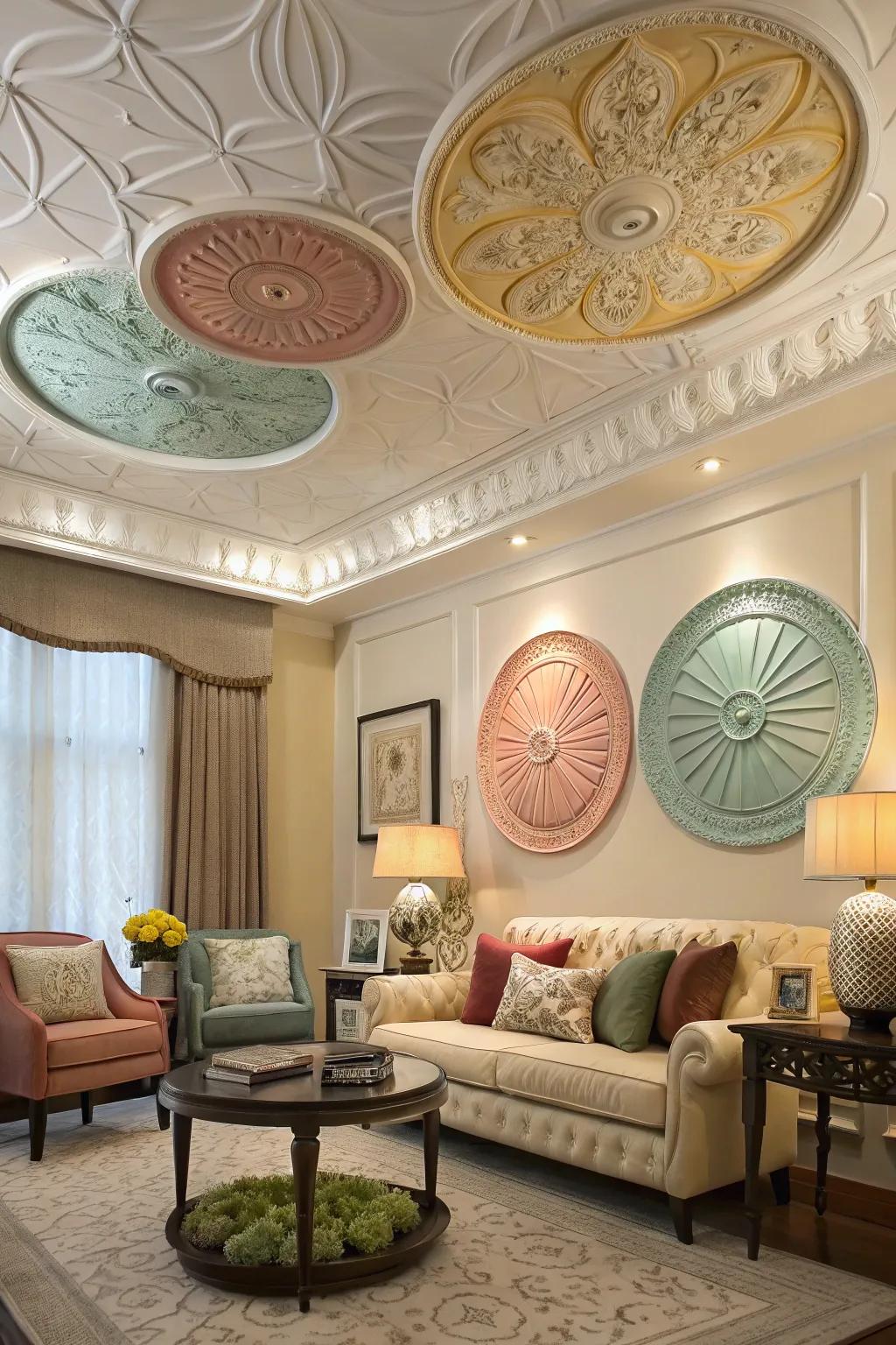 Mixing medallion styles creates a unique ceiling statement.