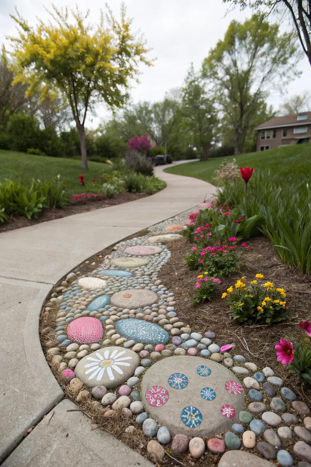 Playful stone-filled concrete walkway for playful garden charm.