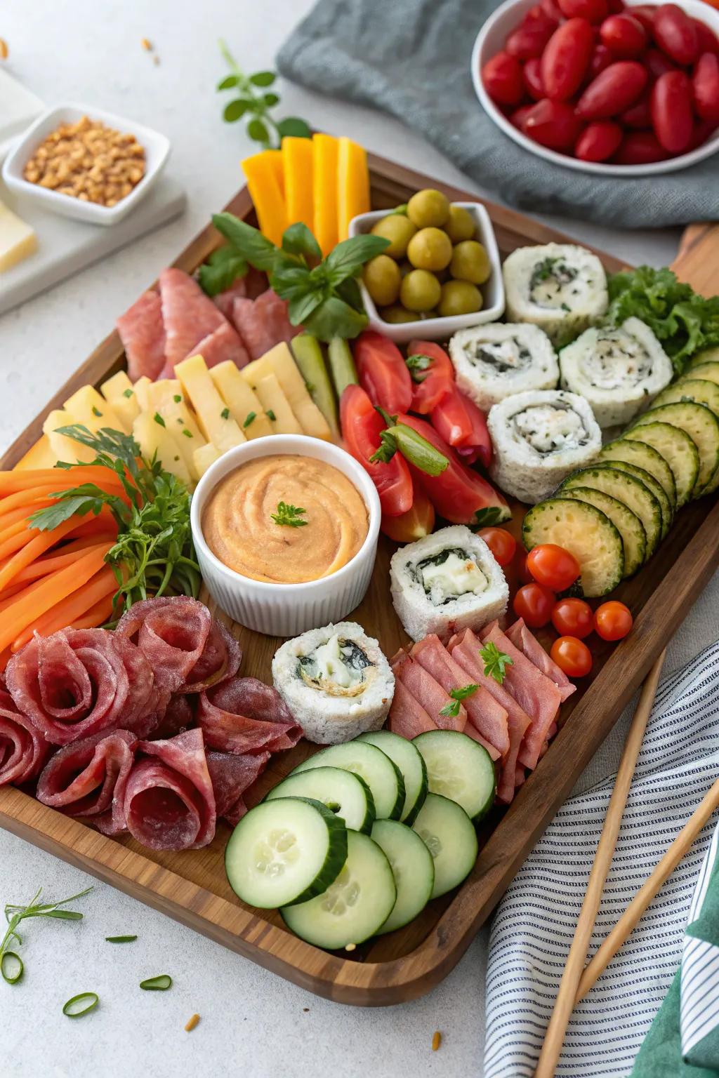 Global fusion with sushi and Italian meats.