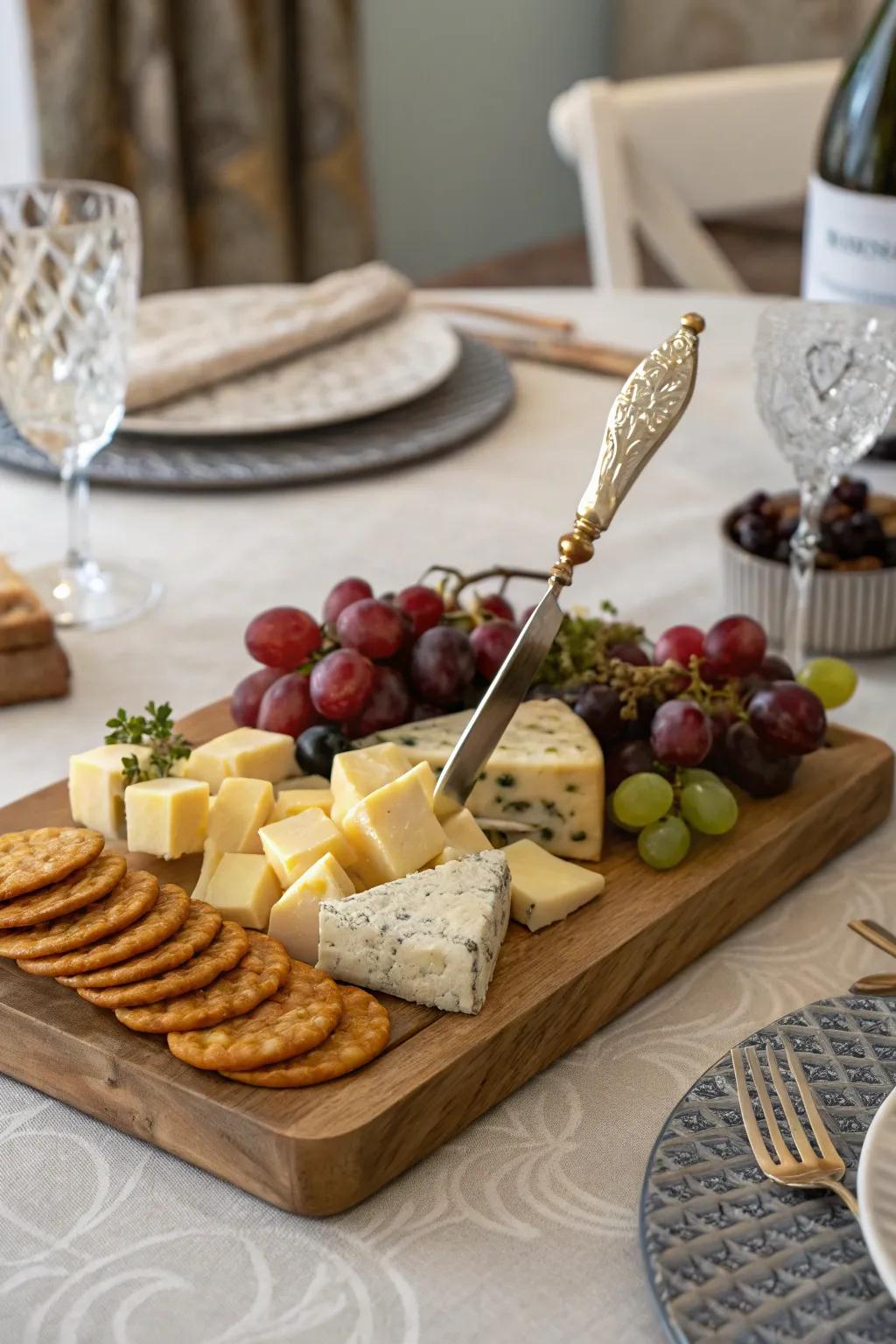 A cheese board featuring a unique signature item.