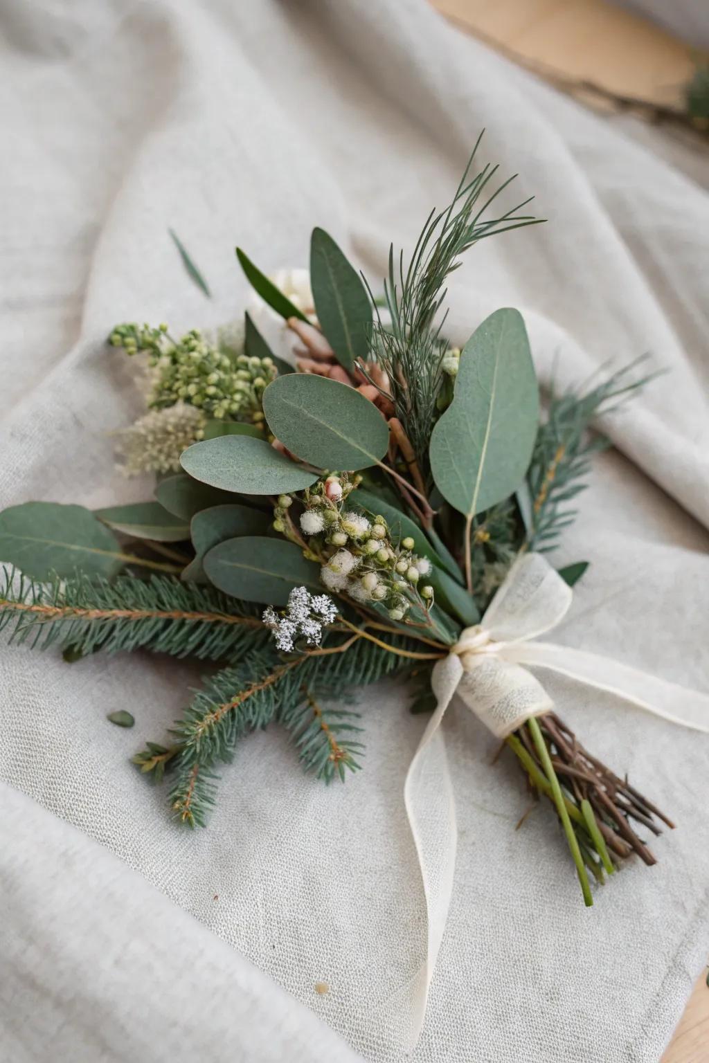 A modern Christmas corsage featuring silverdrop foliage.