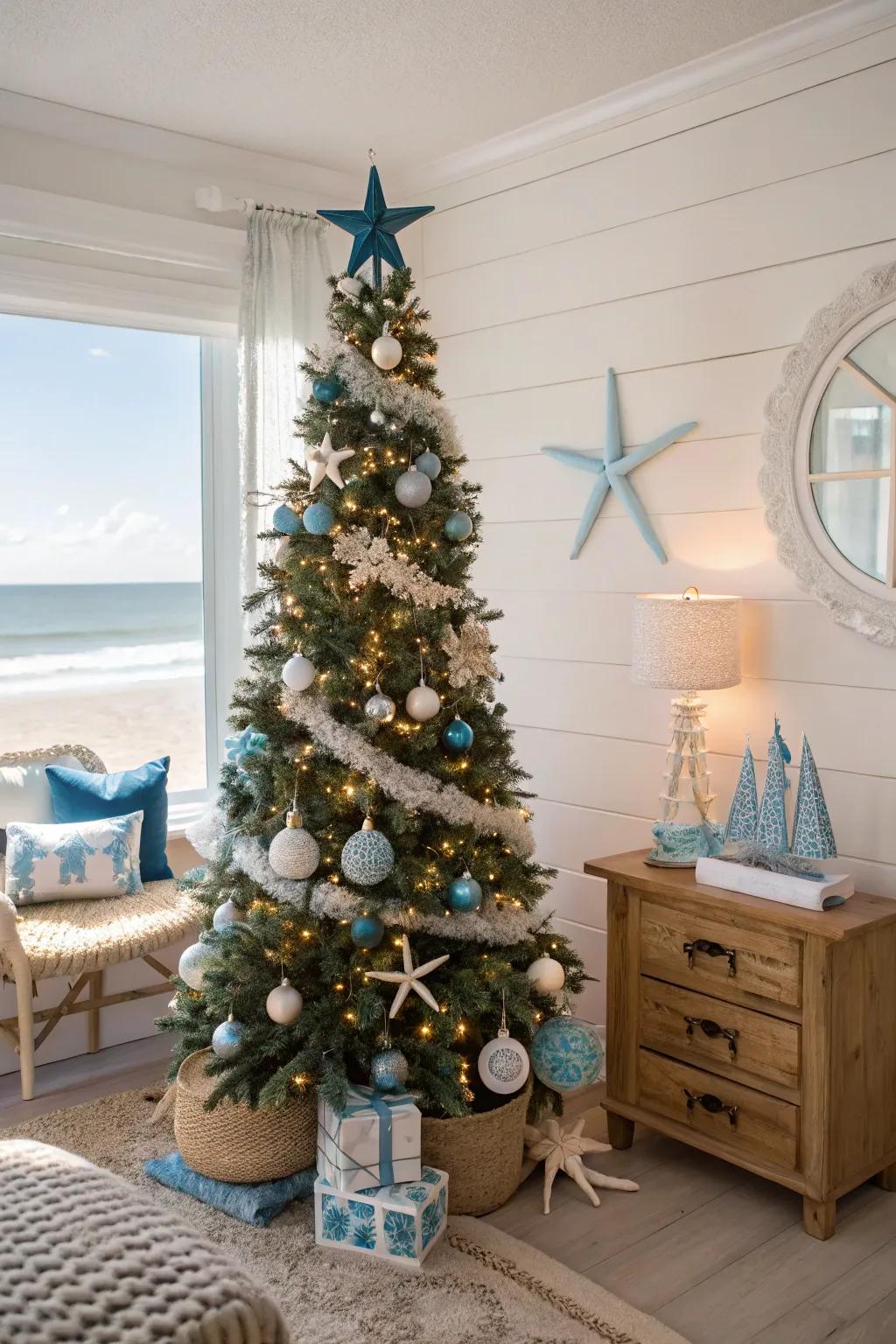 A coastal Christmas theme conveys the serene essence of the sea to your home.