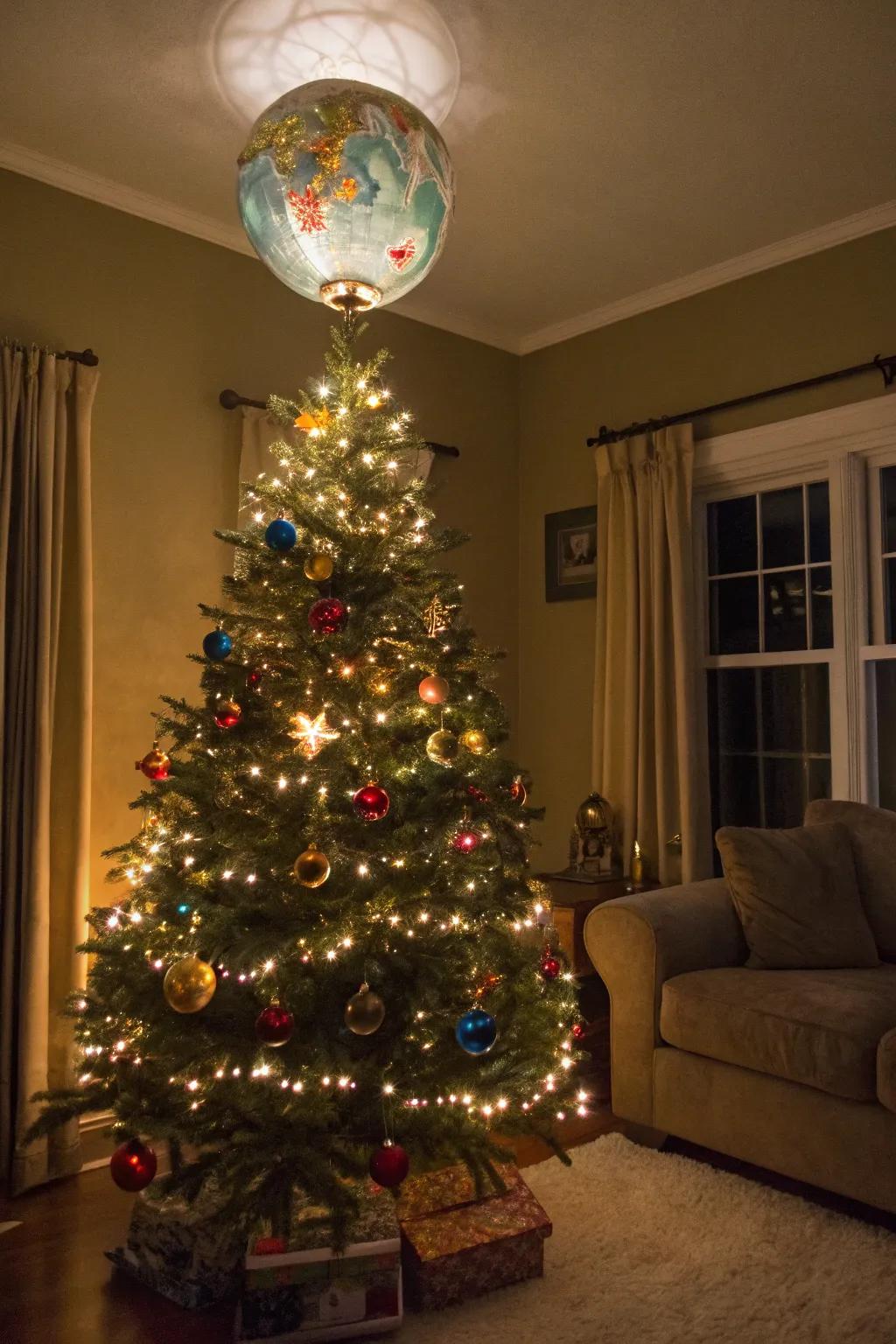 A light-up earth topper symbolizes serenity and unity.