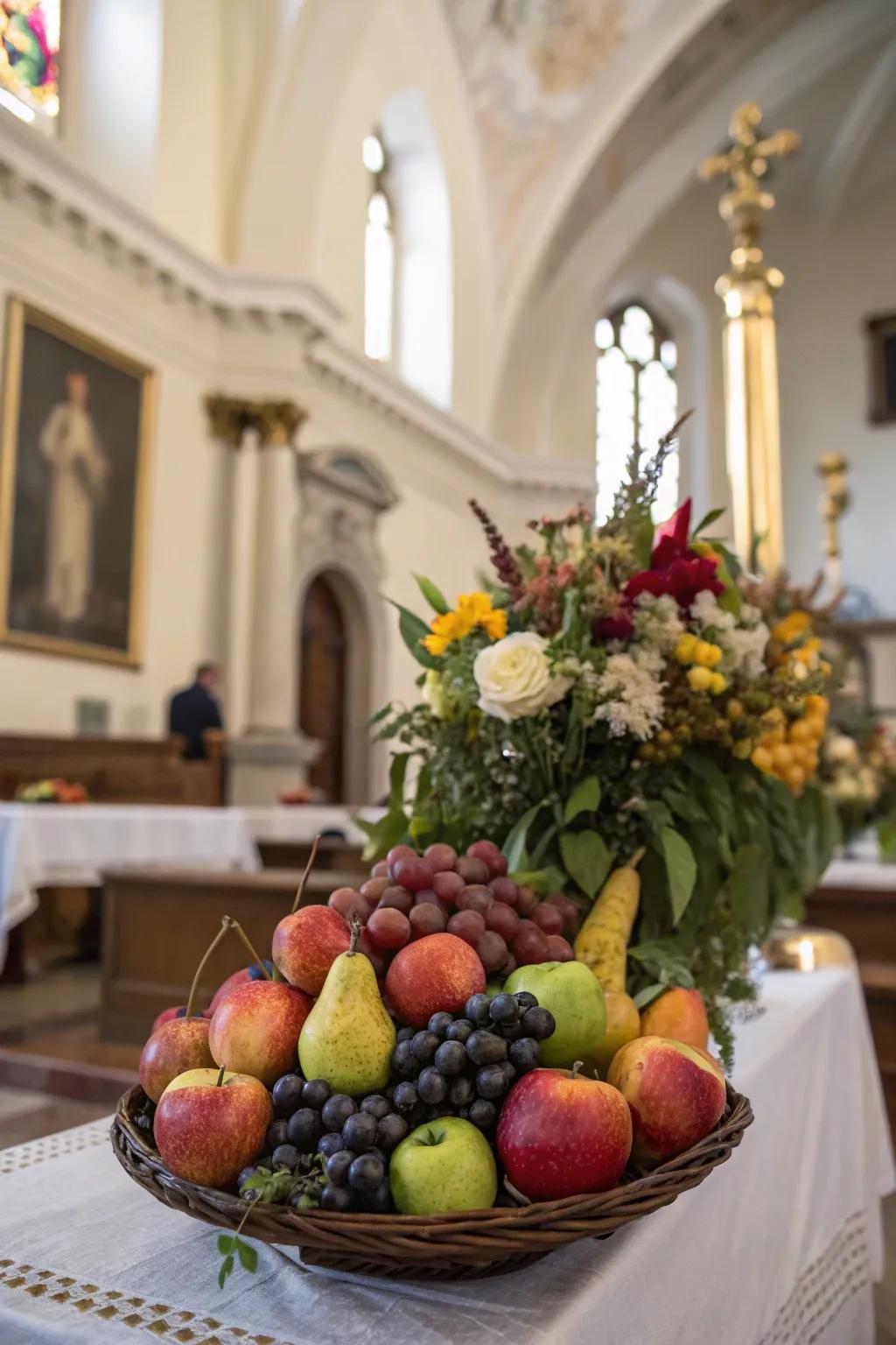 Seasonal fruits add freshness and color to the table setting.