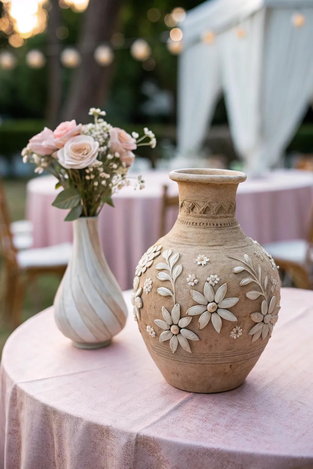 A floral-ornamented earthenware container adding a romantic touch to spring decor.