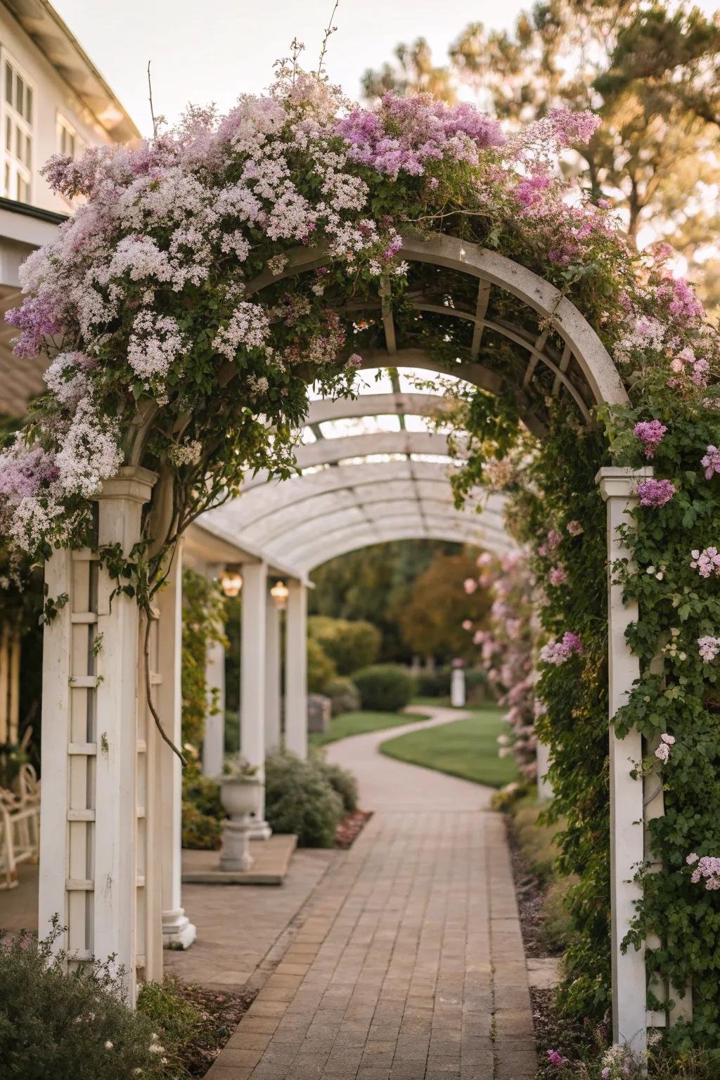 A clematis-covered arched entryway offers a welcoming feature.