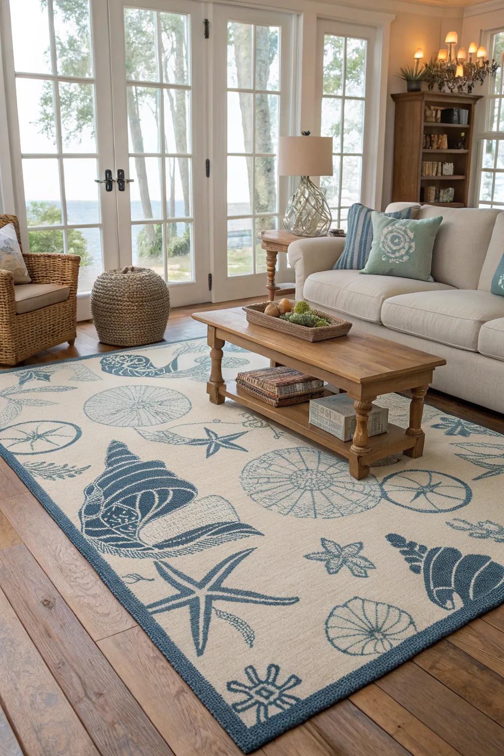 A coastal-inspired rug ties the room together.