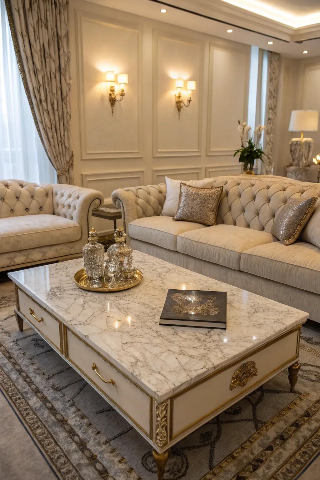 A marble coffee table brings luxury and sophistication to a living space.