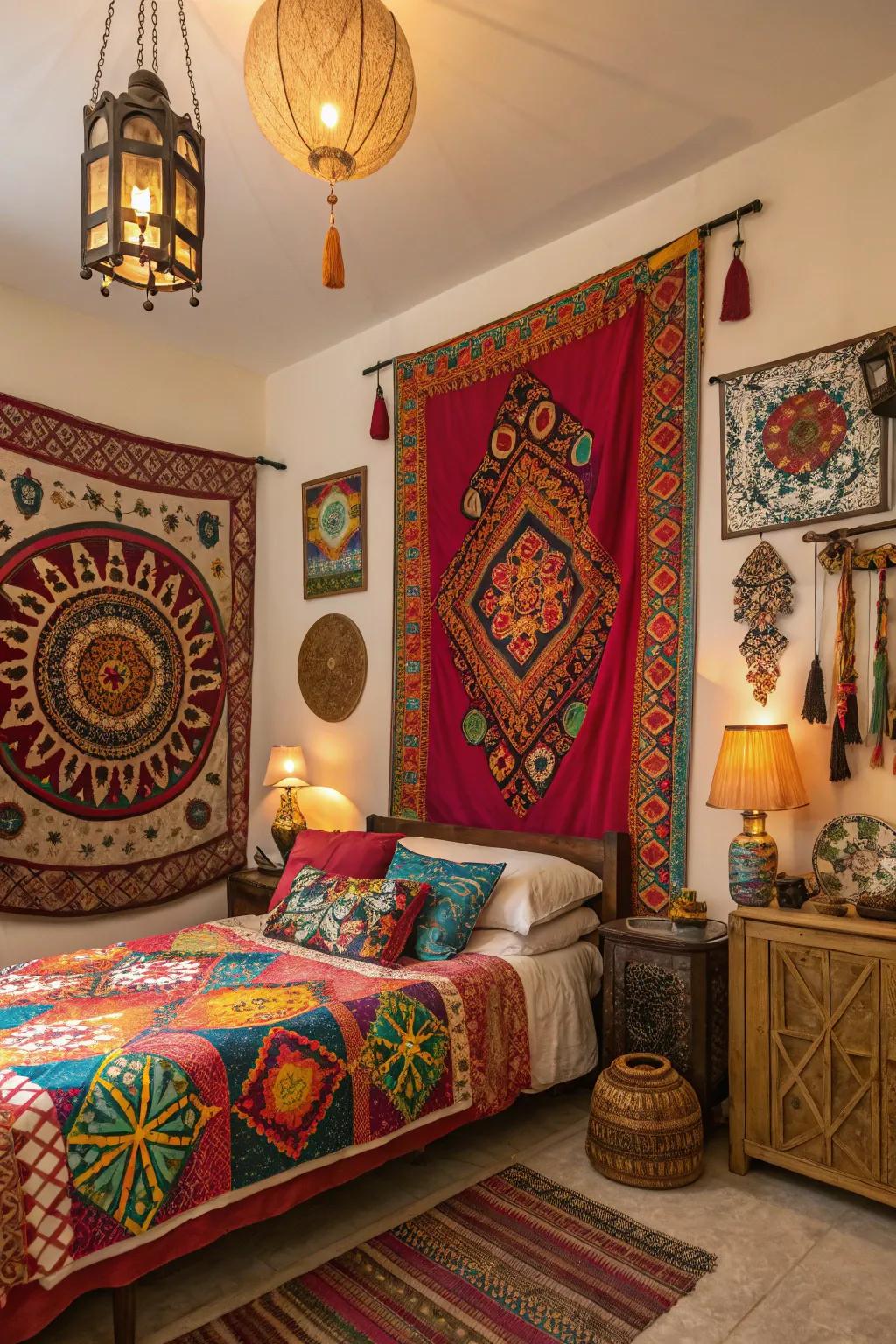 Cultural effects enrich the design of this bedroom.