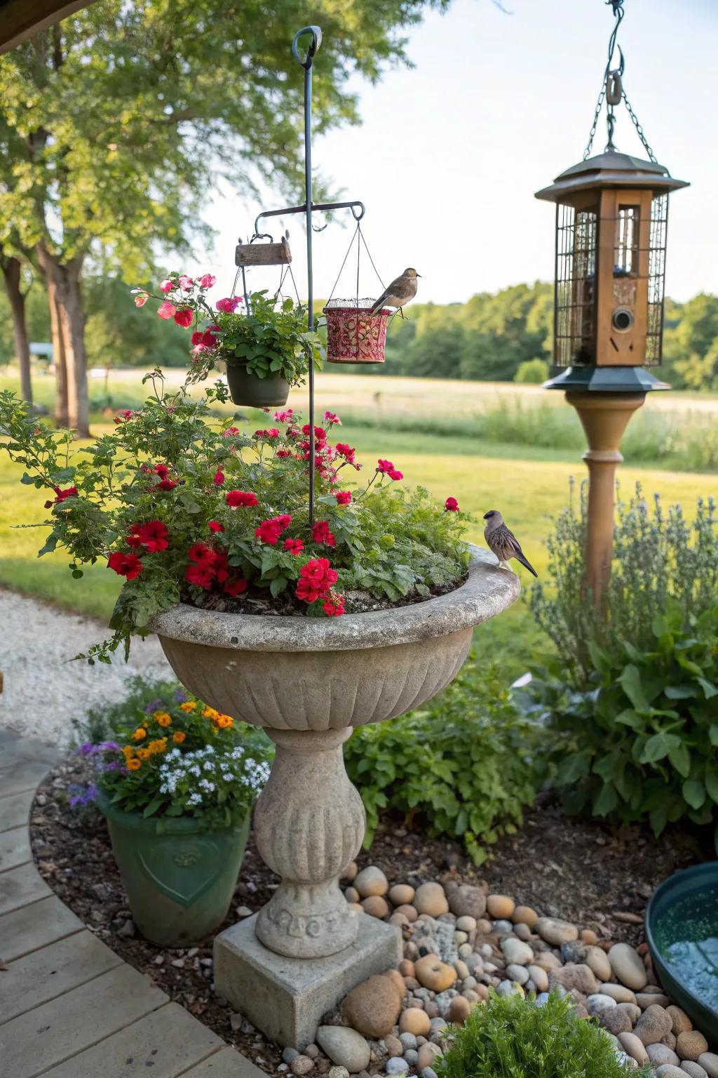 Bird-friendly details in a container garden.