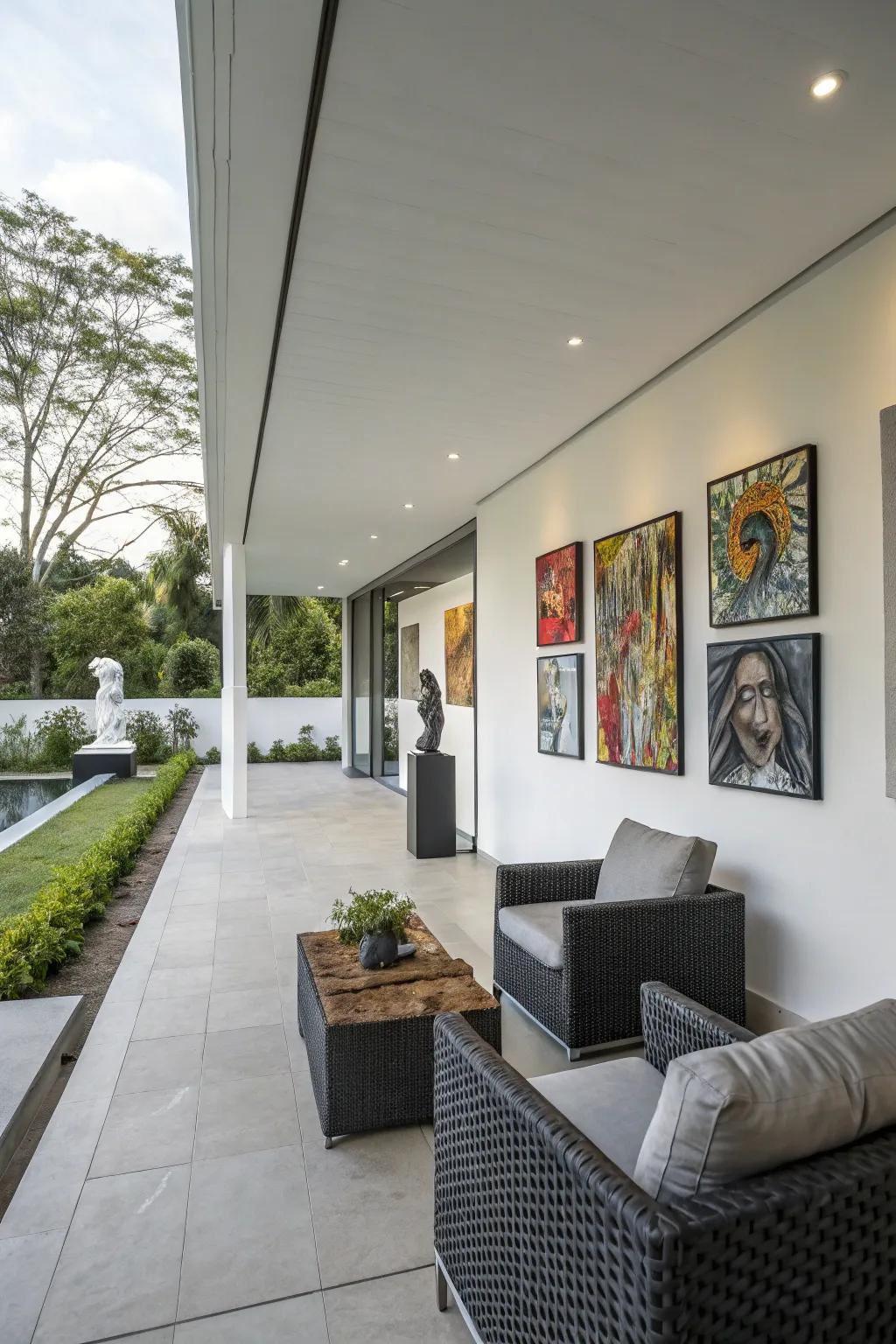 Contemporary art pieces introduce a cultural component to a patio.