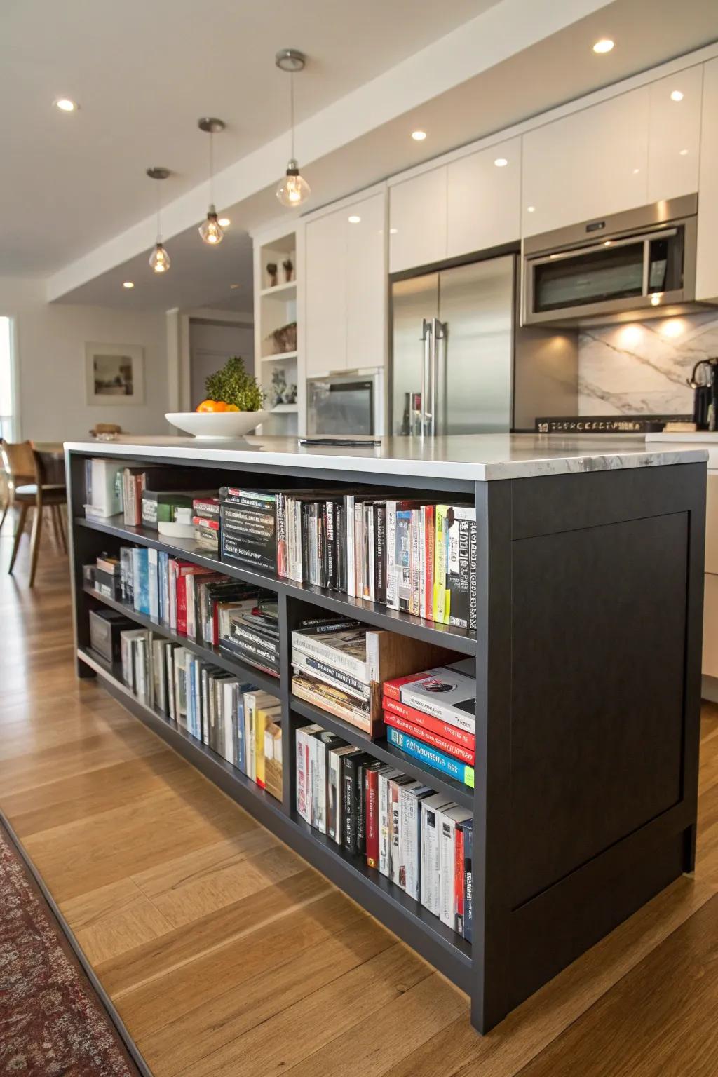 A kitchen island with shelves offers easy access to cookbooks.