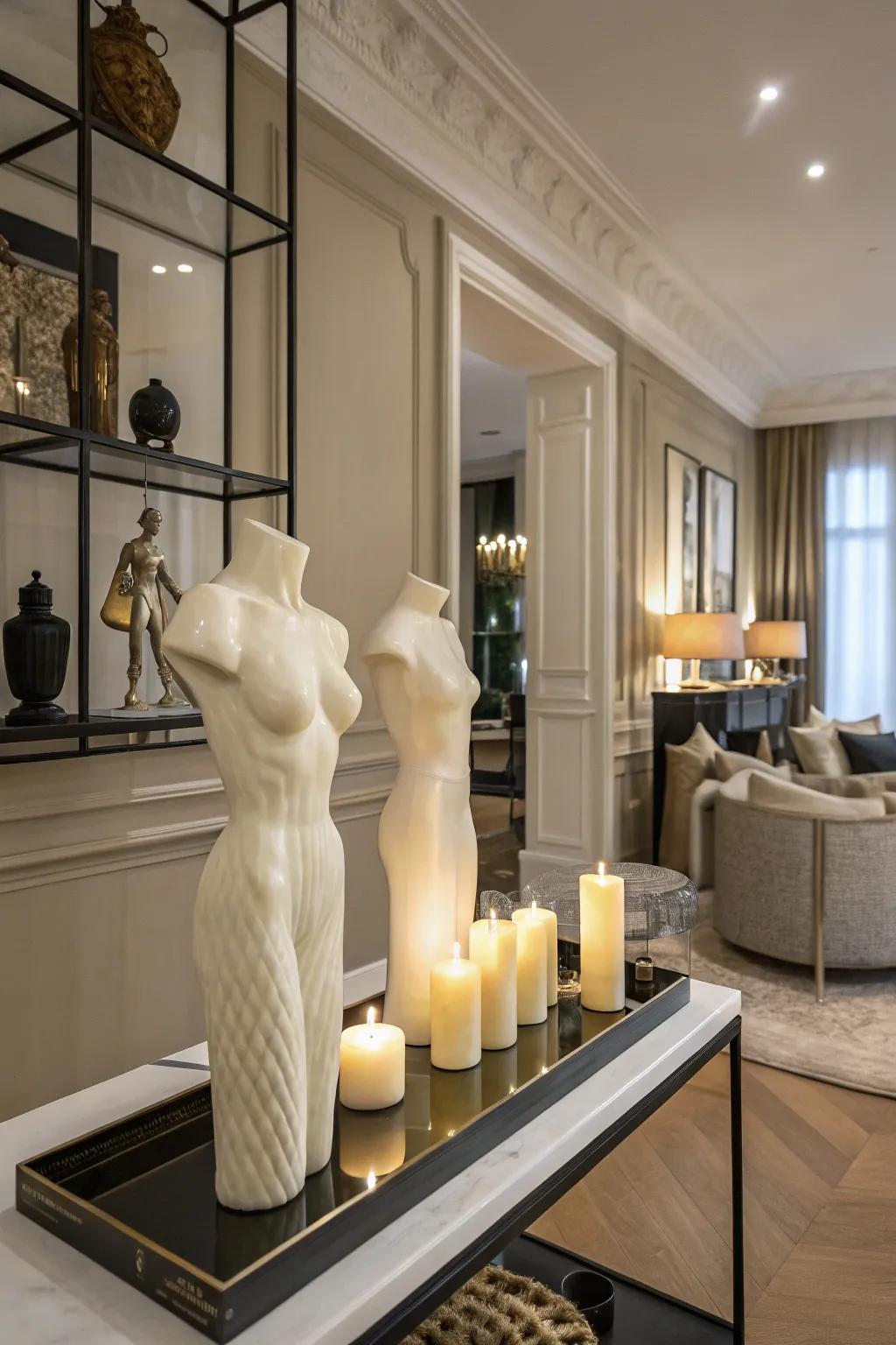 Sculptural body candles offer a modern artistic touch.