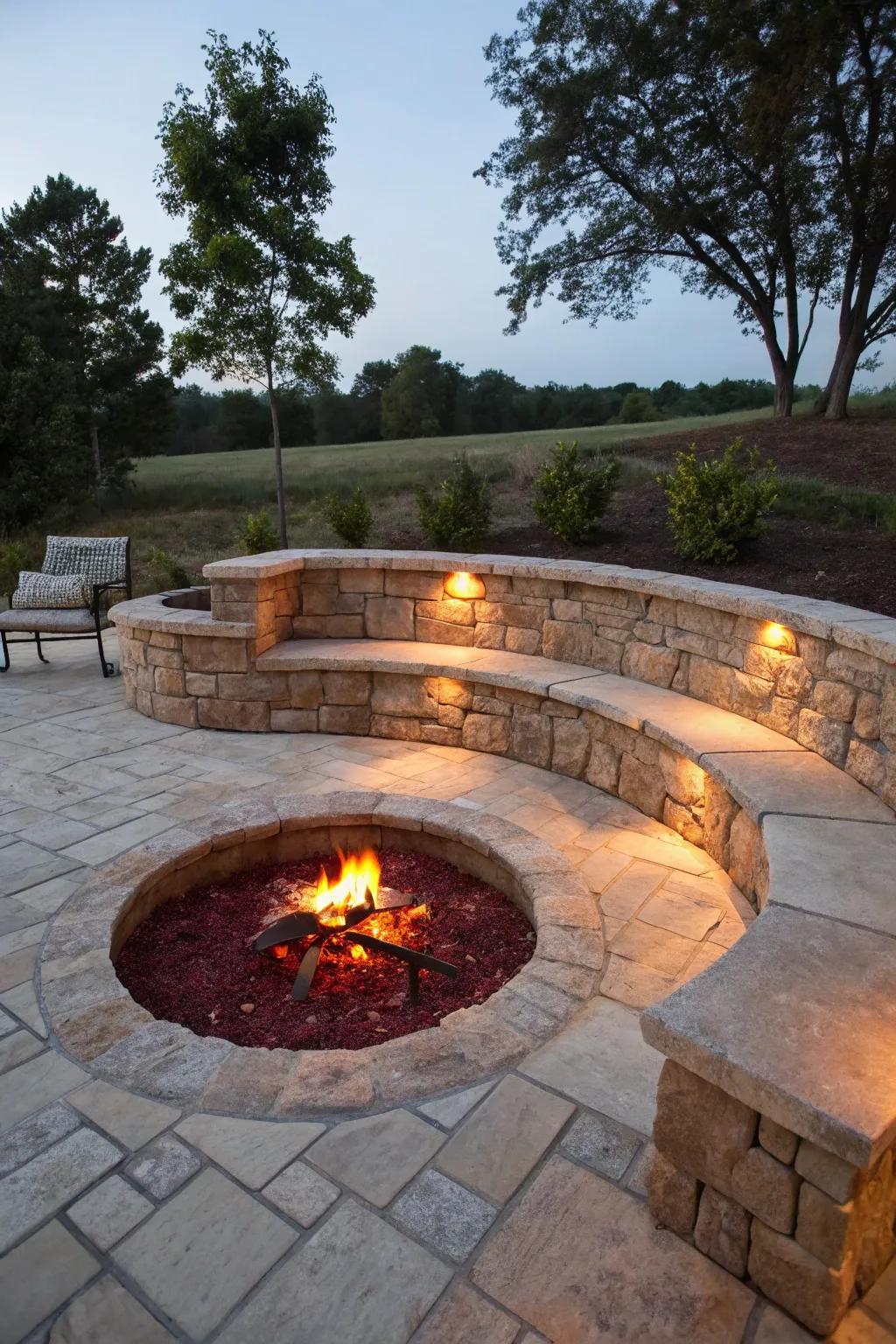 A recessed fire pit provides a safe and intimate area for gatherings.