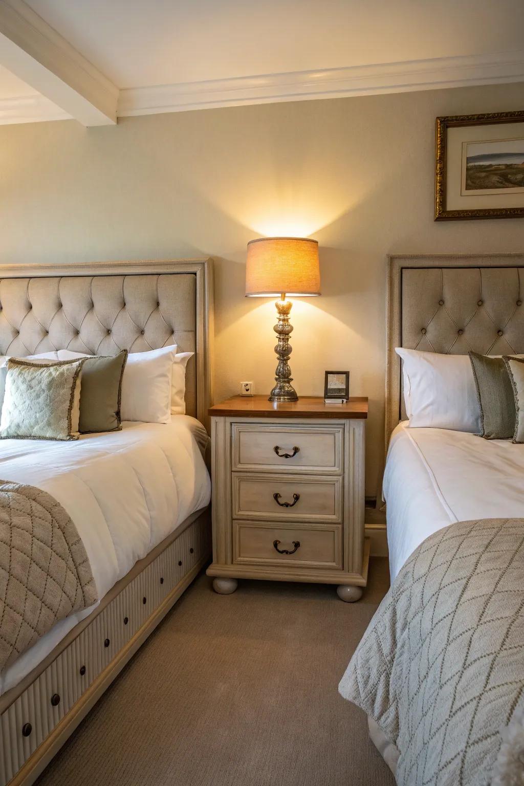 Twin bedside tables enhance balance and function.