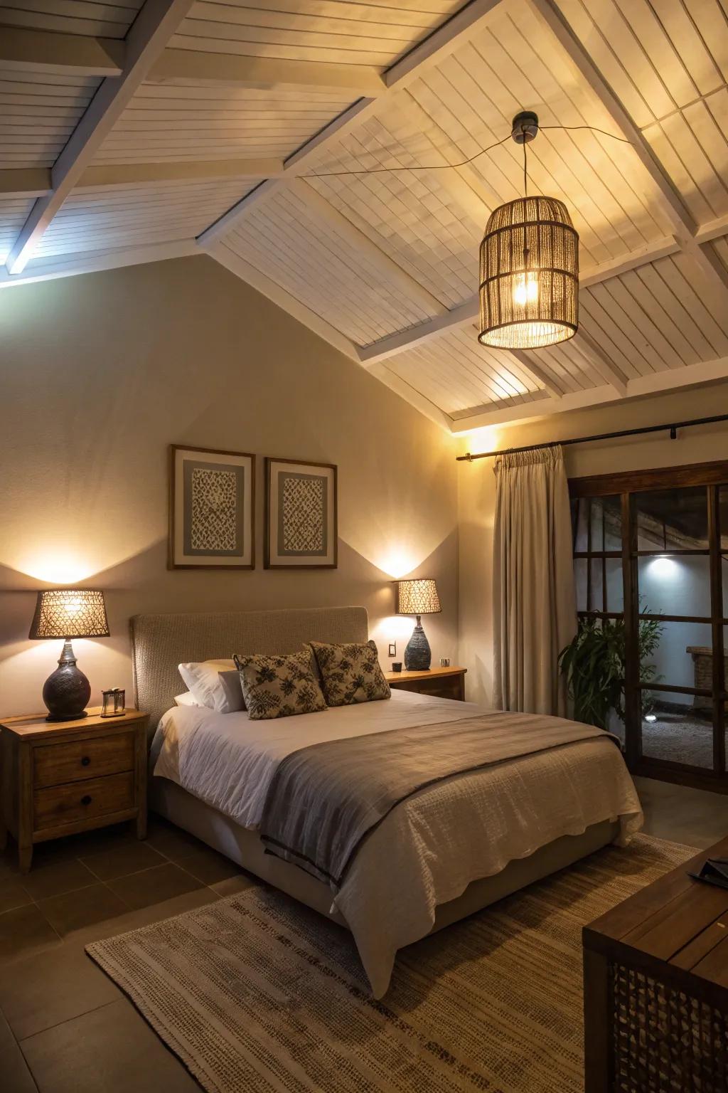 Soft overhead fixtures offer a calming and cozy glow.