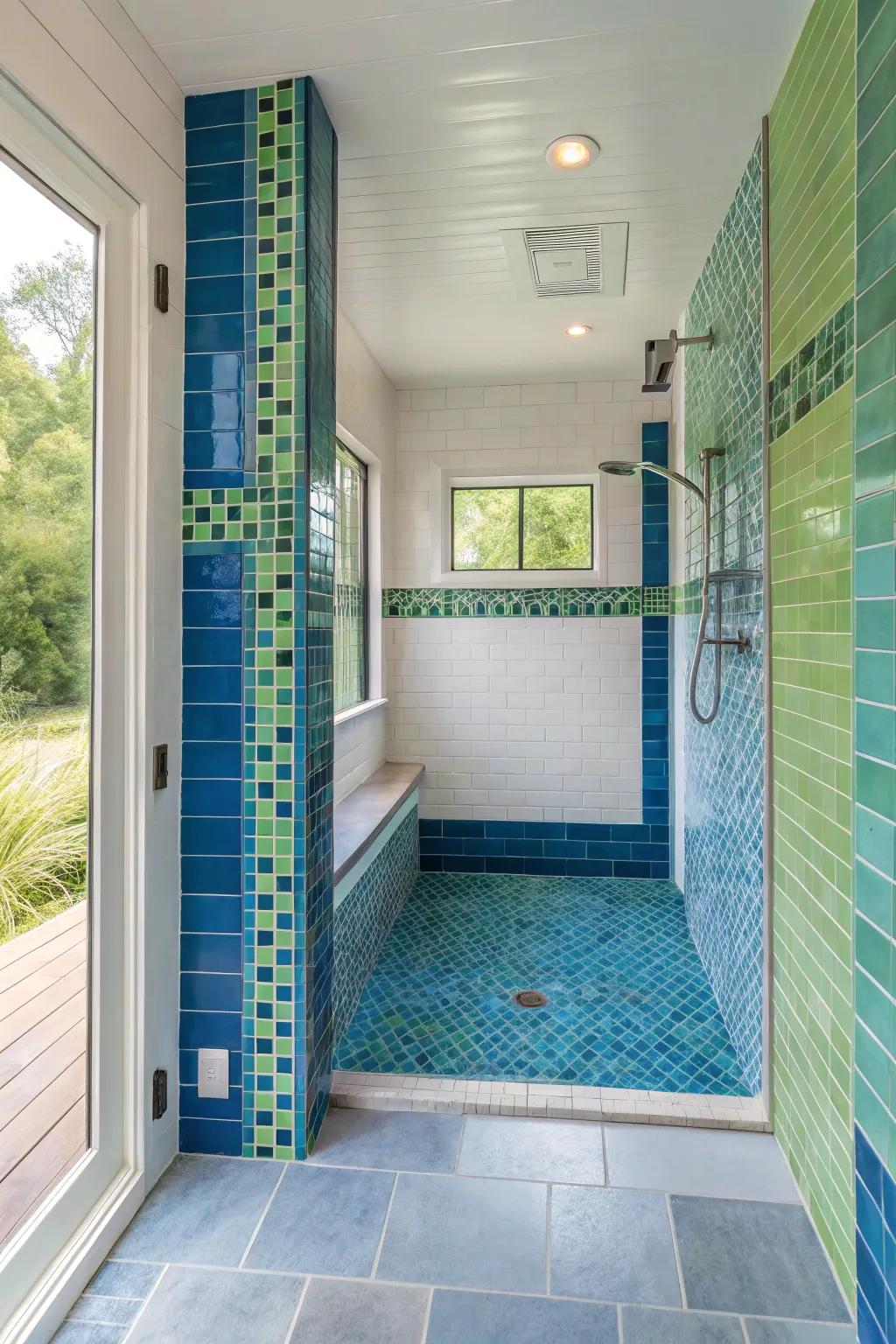 Bold hue details bring vibrancy and personality to this shower without a curb.