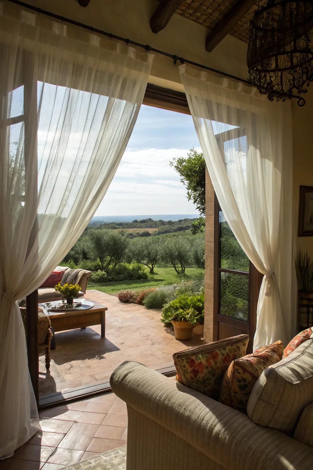 Gentle sheers beautifully frame outdoor views.