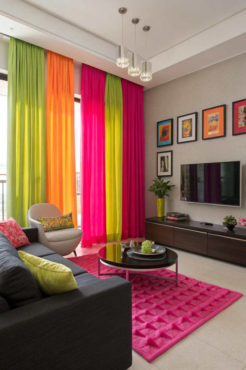 Neon drapes inject a burst of energy and fun.