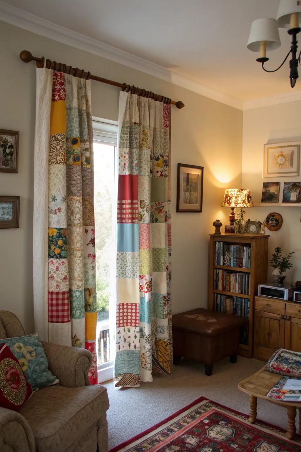 Unique curtains showcasing eclectic fabric scrap trims.