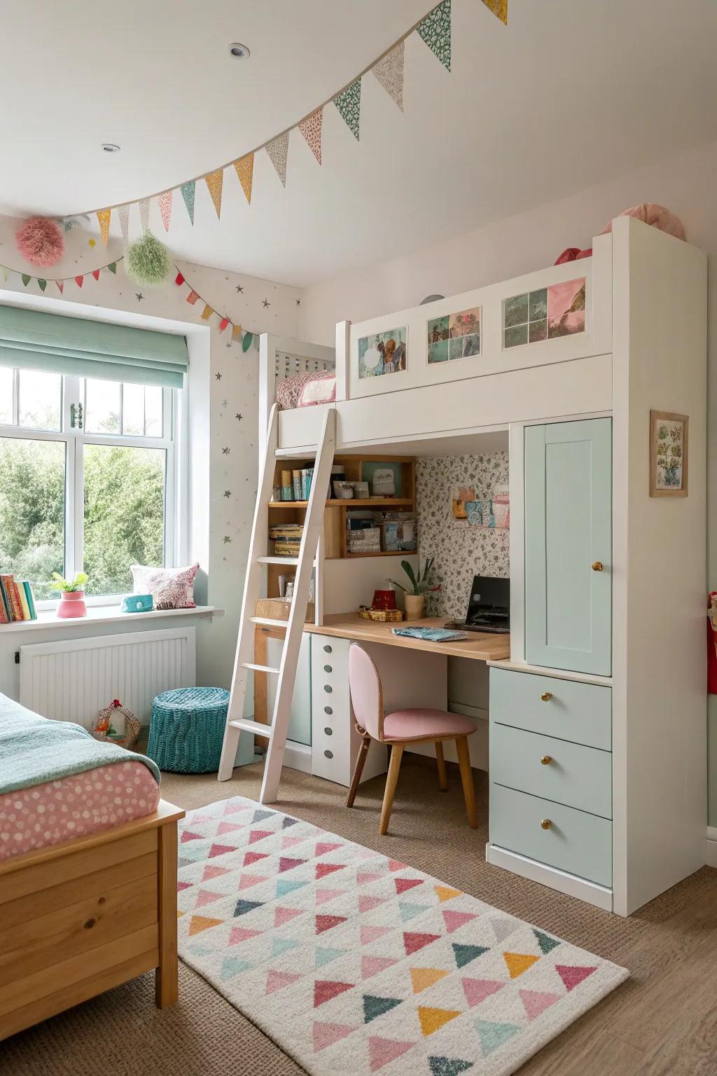 Versatile furniture grows with the sisters and keeps the room adaptable.