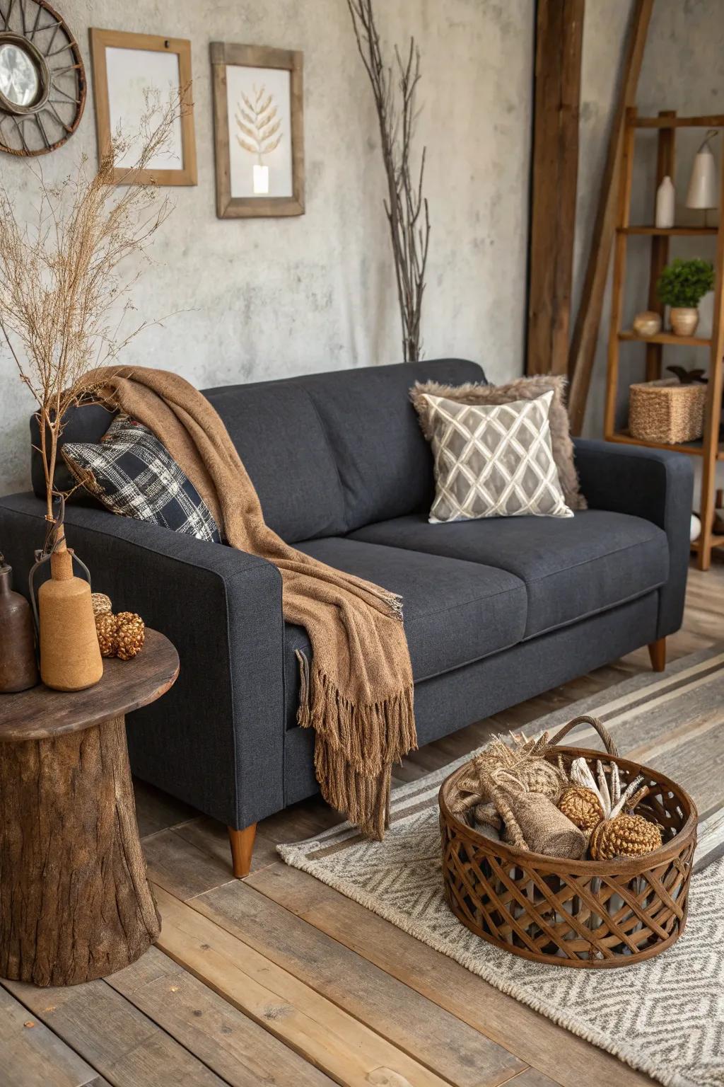 Rustic charm adds warmth and contrast to a grey couch setup.