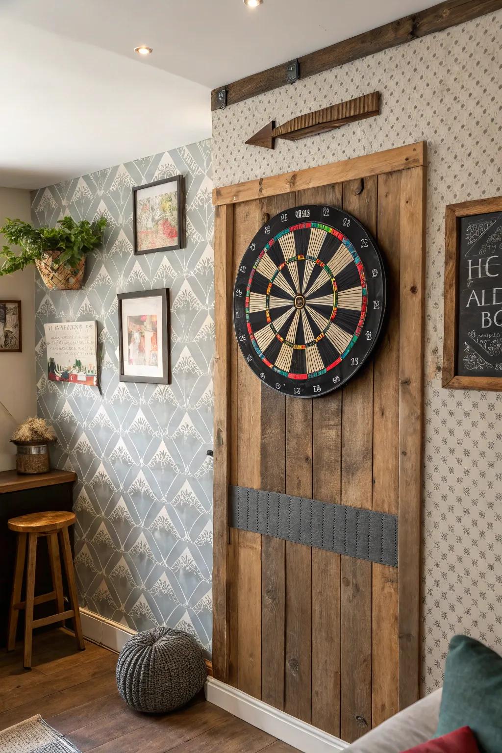 An eclectic mix of textures and styles for a unique dart board wall.