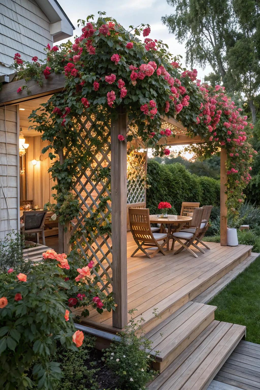 A trellis with climbing vines offers natural beauty and privacy.