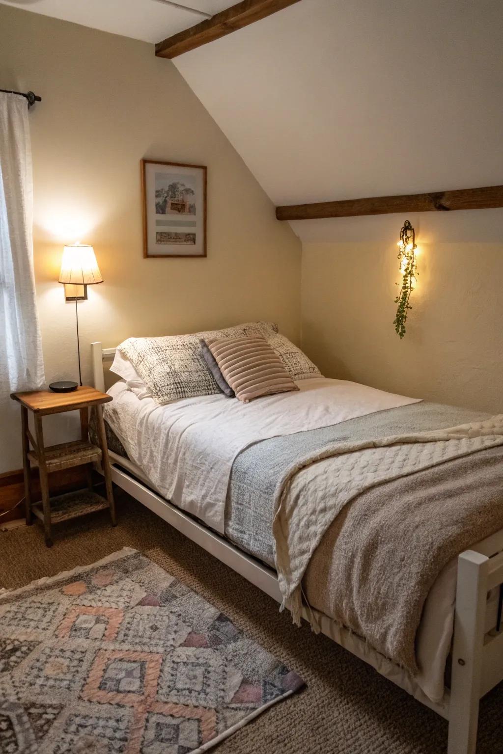 A low bed frame opens up the space in a small bedroom.