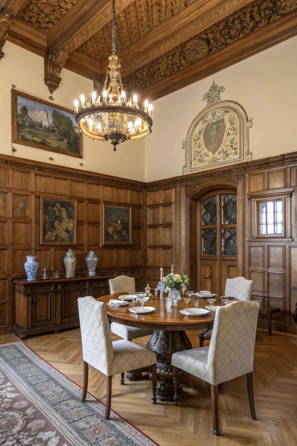 Vintage-inspired wainscoting adds historical charm to the dining room.