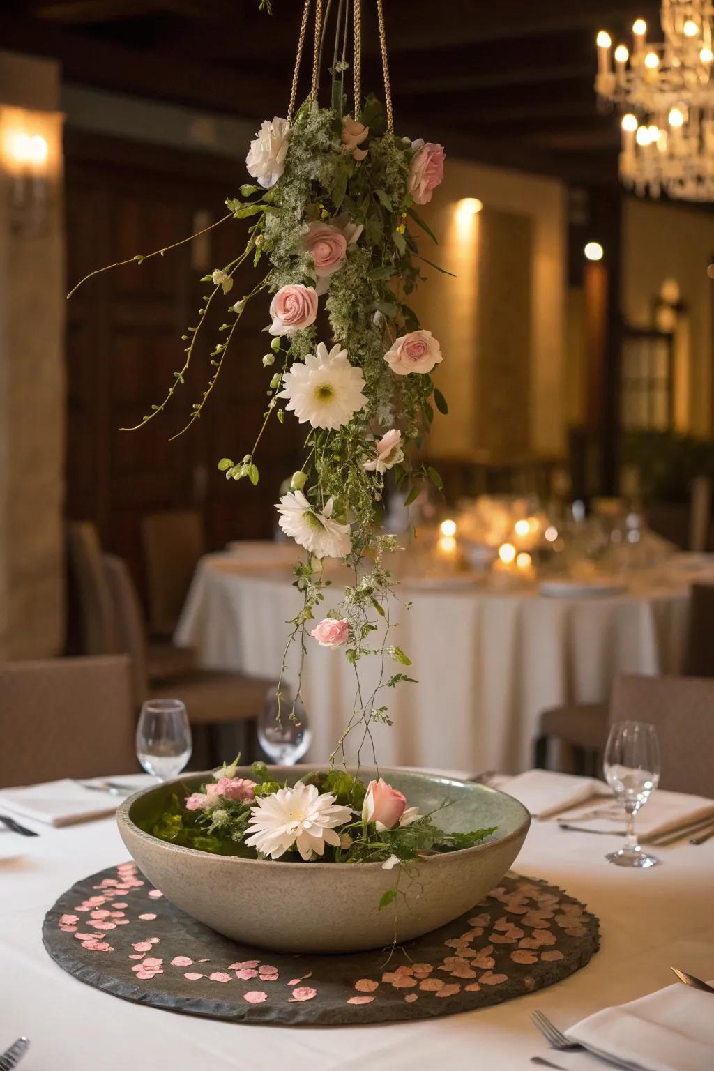 A suspended floral showpiece adds whimsy and elegance to the table.